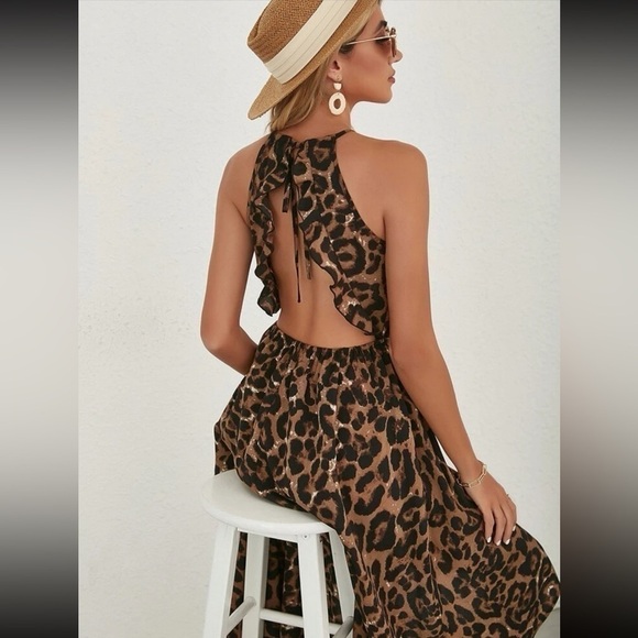 Leopard Print Ruffle high low backless Dress size Small - Picture 1 of 16